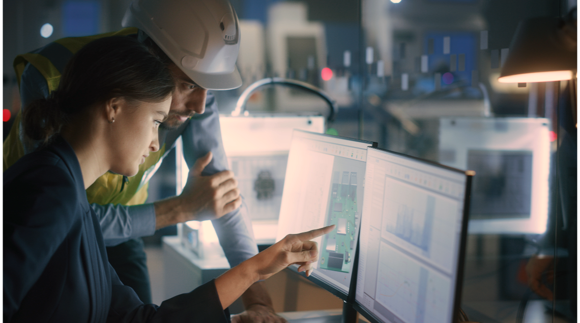 Manufacturing company employees reviewing a computer screen