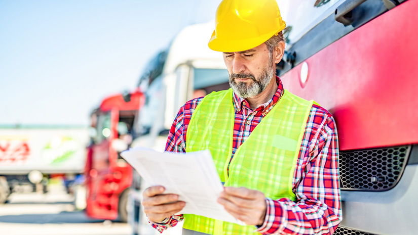 Truck driver delivering a load and checking paperwork