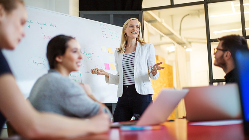 Businesswoman giving presentation on future plans to colleagues