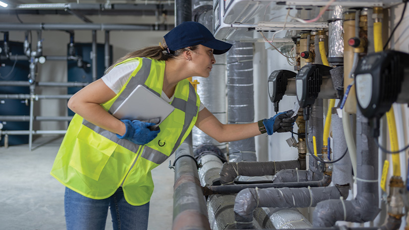 Female Engineer Checking Boiler System In A Basement
